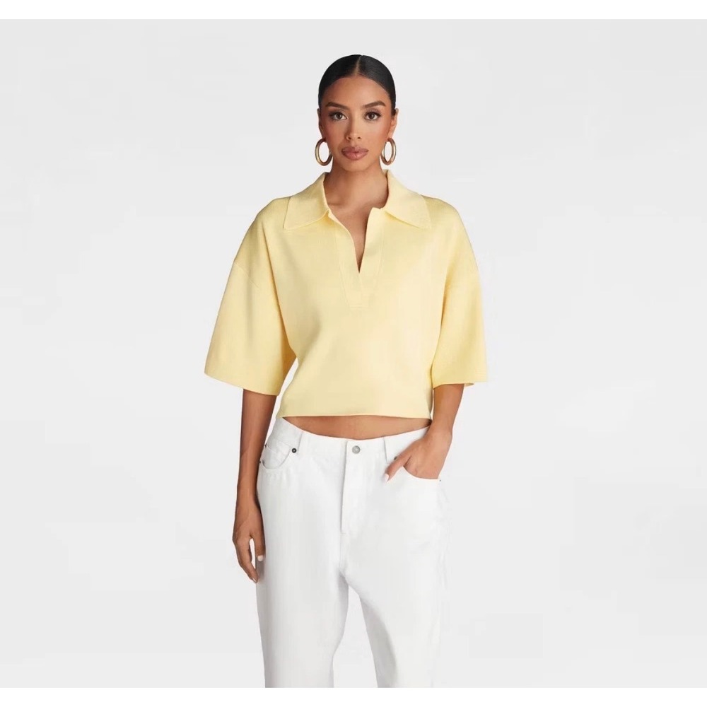 KBB by Kahlana Yellow Knit Polo Short Sleeve Cropped Top V-Neck Size L KBBS-030